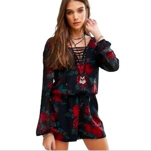 Lovers and Friends Floral Print Black and Red Long Sleeve Lace Up Romper Size S